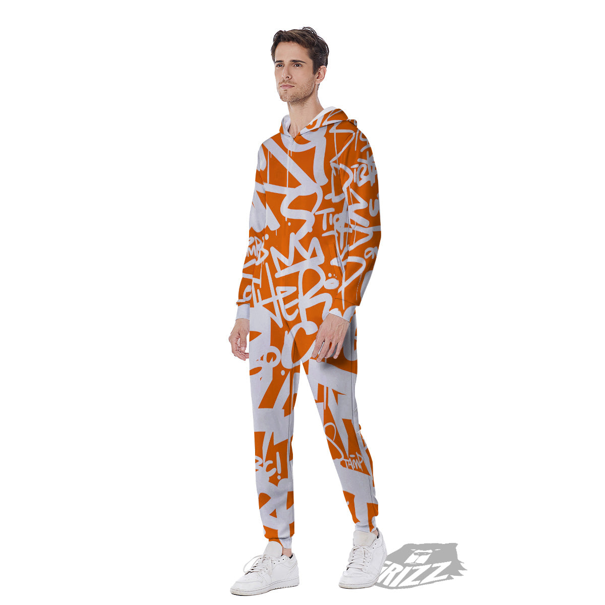 Orange Urban Graffiti Text Print Pattern Men's Jumpsuit-grizzshop