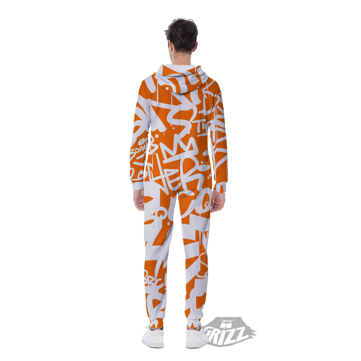 Orange Urban Graffiti Text Print Pattern Men's Jumpsuit-grizzshop