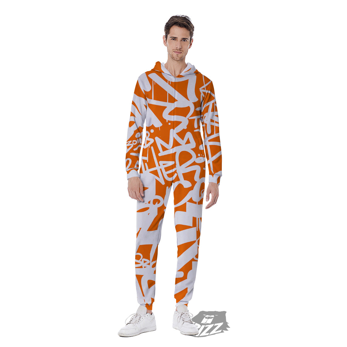 Orange Urban Graffiti Text Print Pattern Men's Jumpsuit-grizzshop