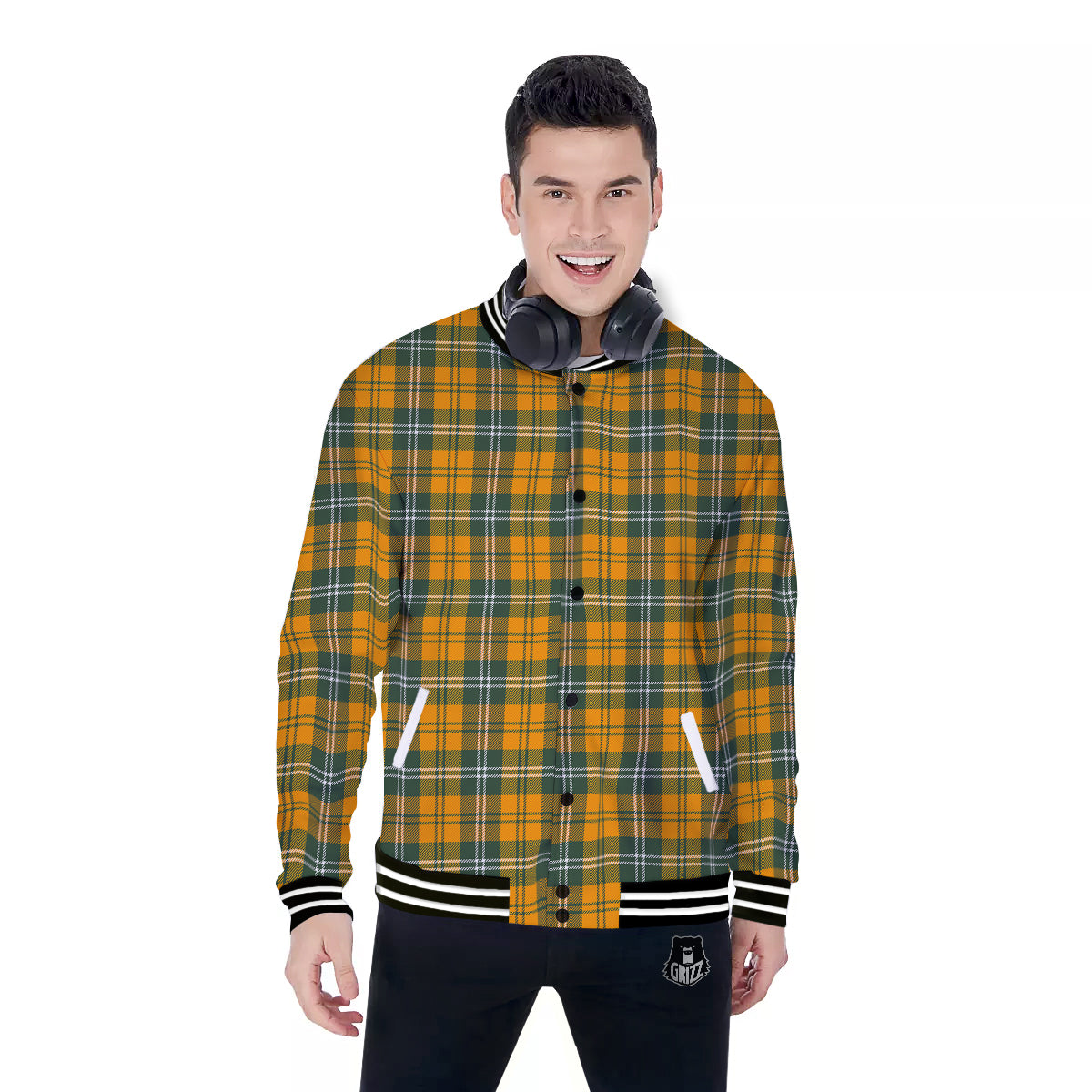 Orange White And Green Plaid Print Pattern Baseball Jacket-grizzshop