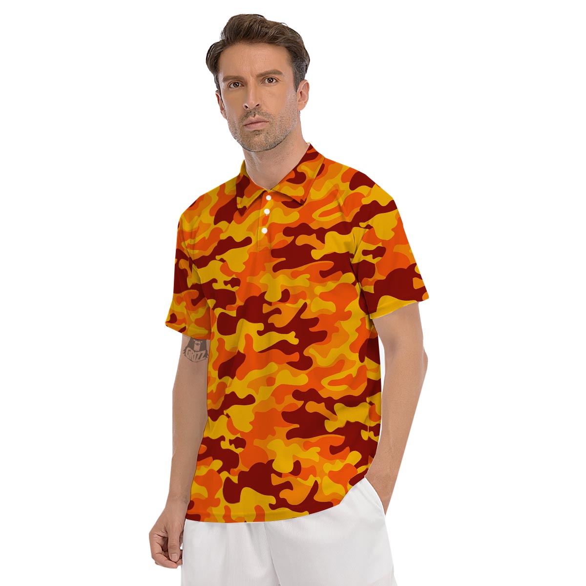Orange Camo Print Men's Golf Shirts-grizzshop