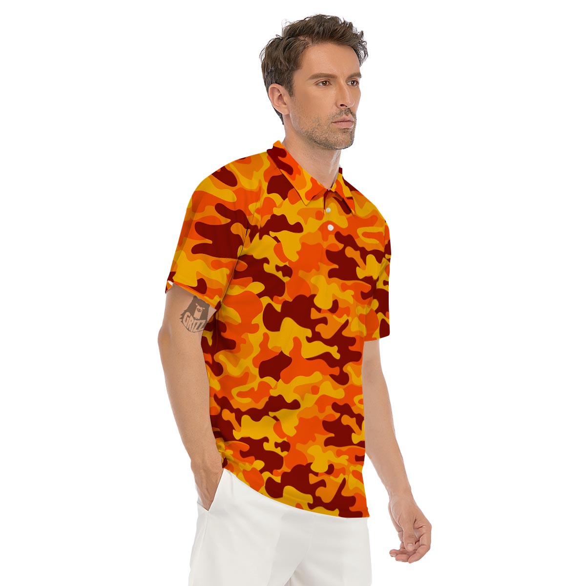 Orange Camo Print Men's Golf Shirts-grizzshop