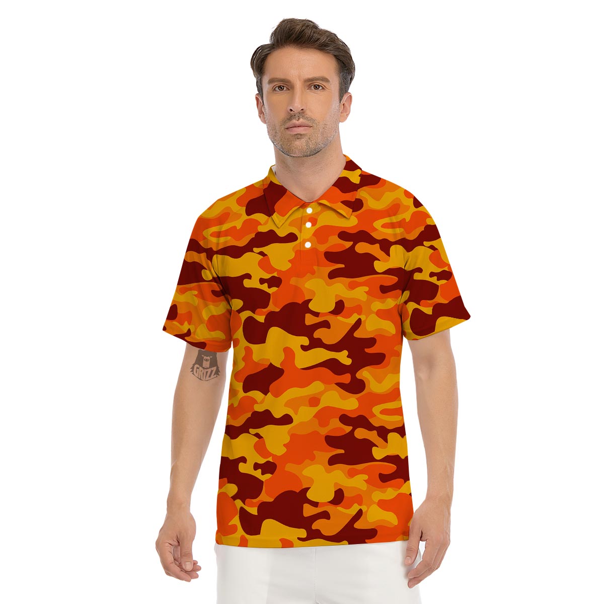 Orange Camo Print Men's Golf Shirts-grizzshop