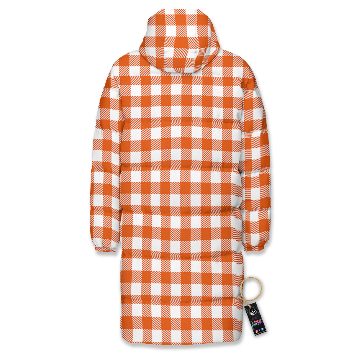 Orange Burnt And White Check Print Long Down Jacket