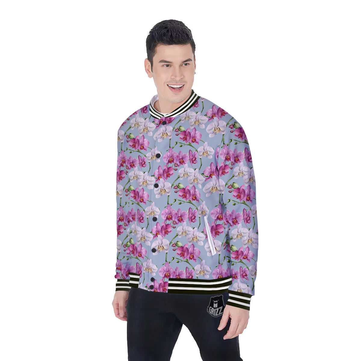 Orchid Cute Print Baseball Jacket-grizzshop