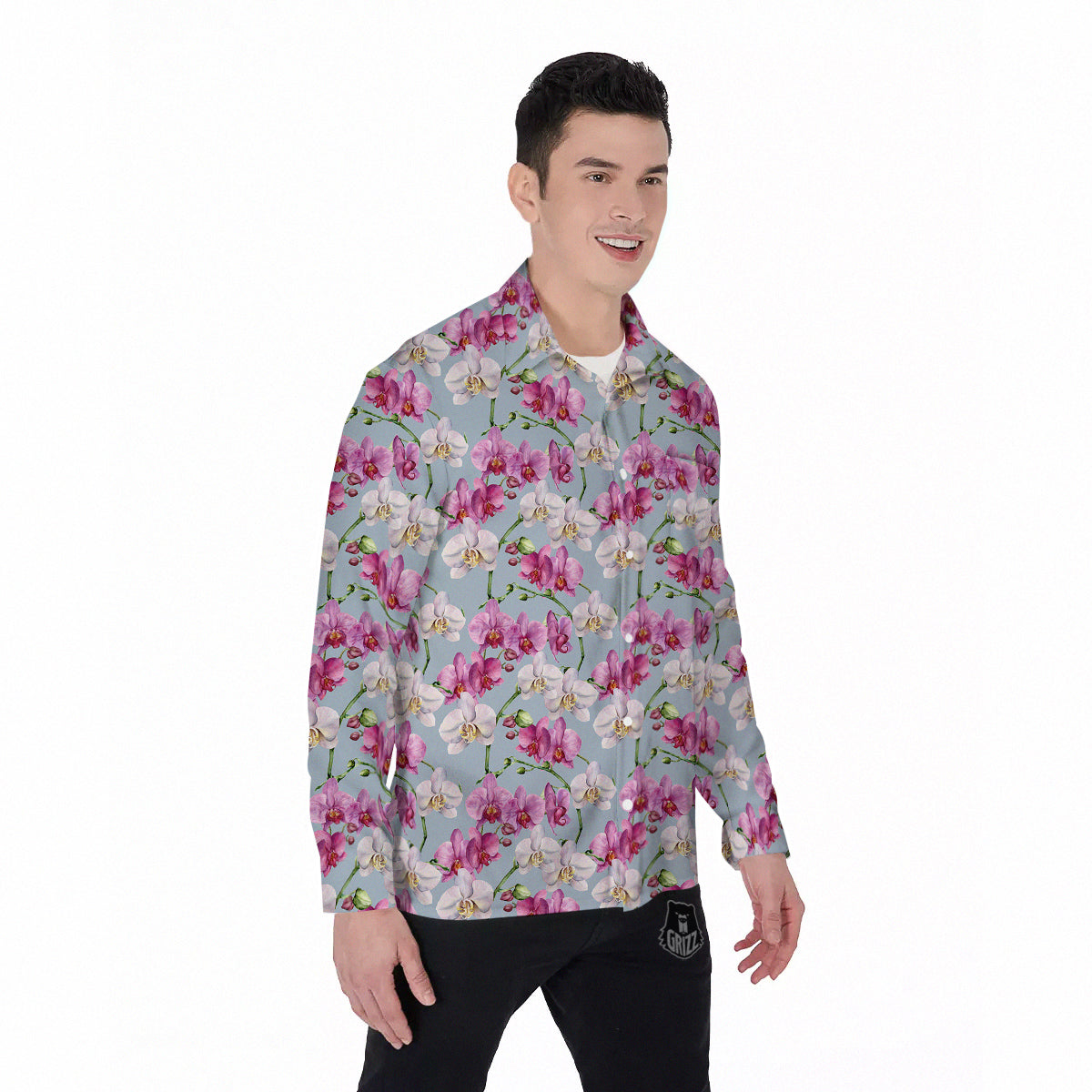 Orchid Cute Print Men's Long Sleeve Shirts-grizzshop