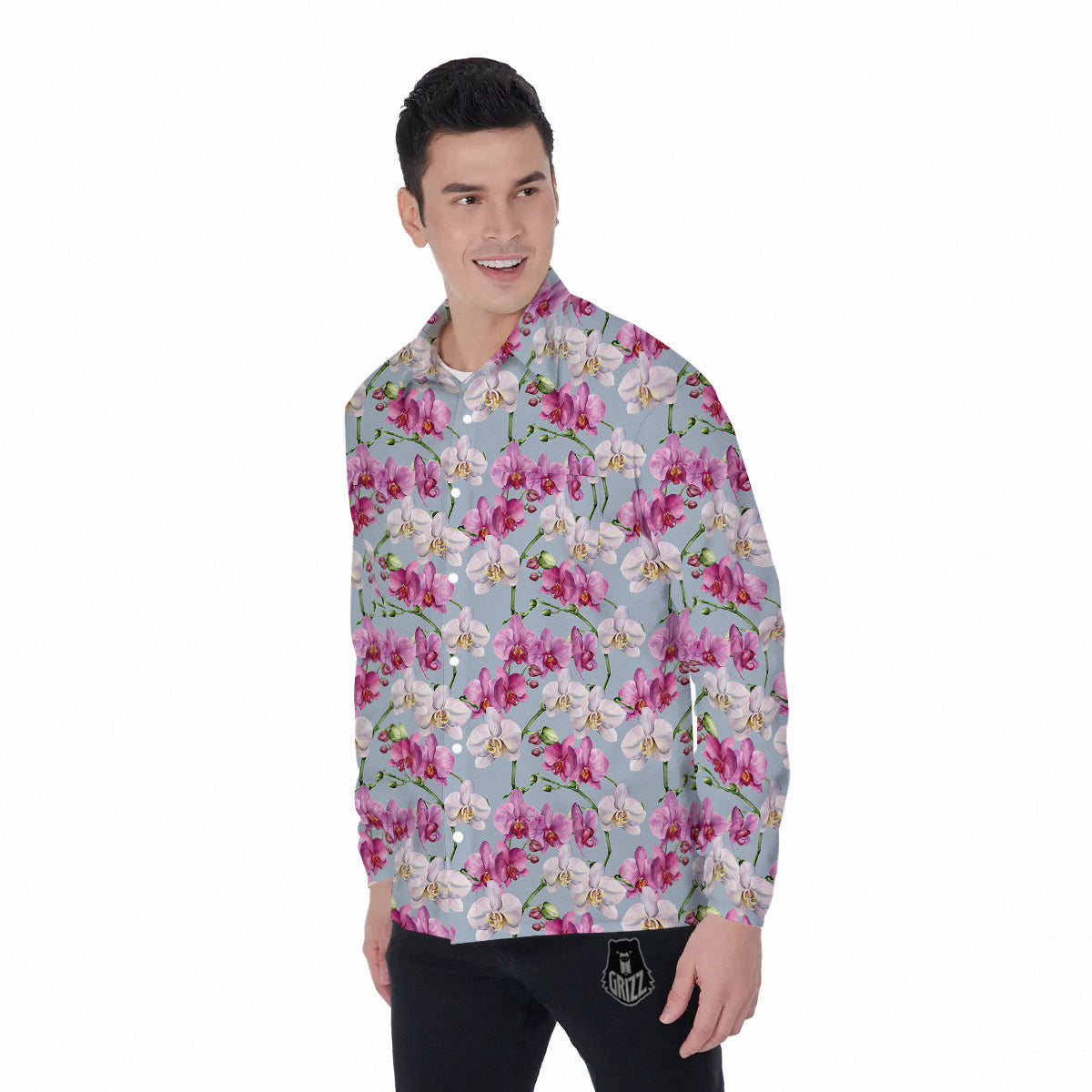 Orchid Cute Print Men's Long Sleeve Shirts-grizzshop