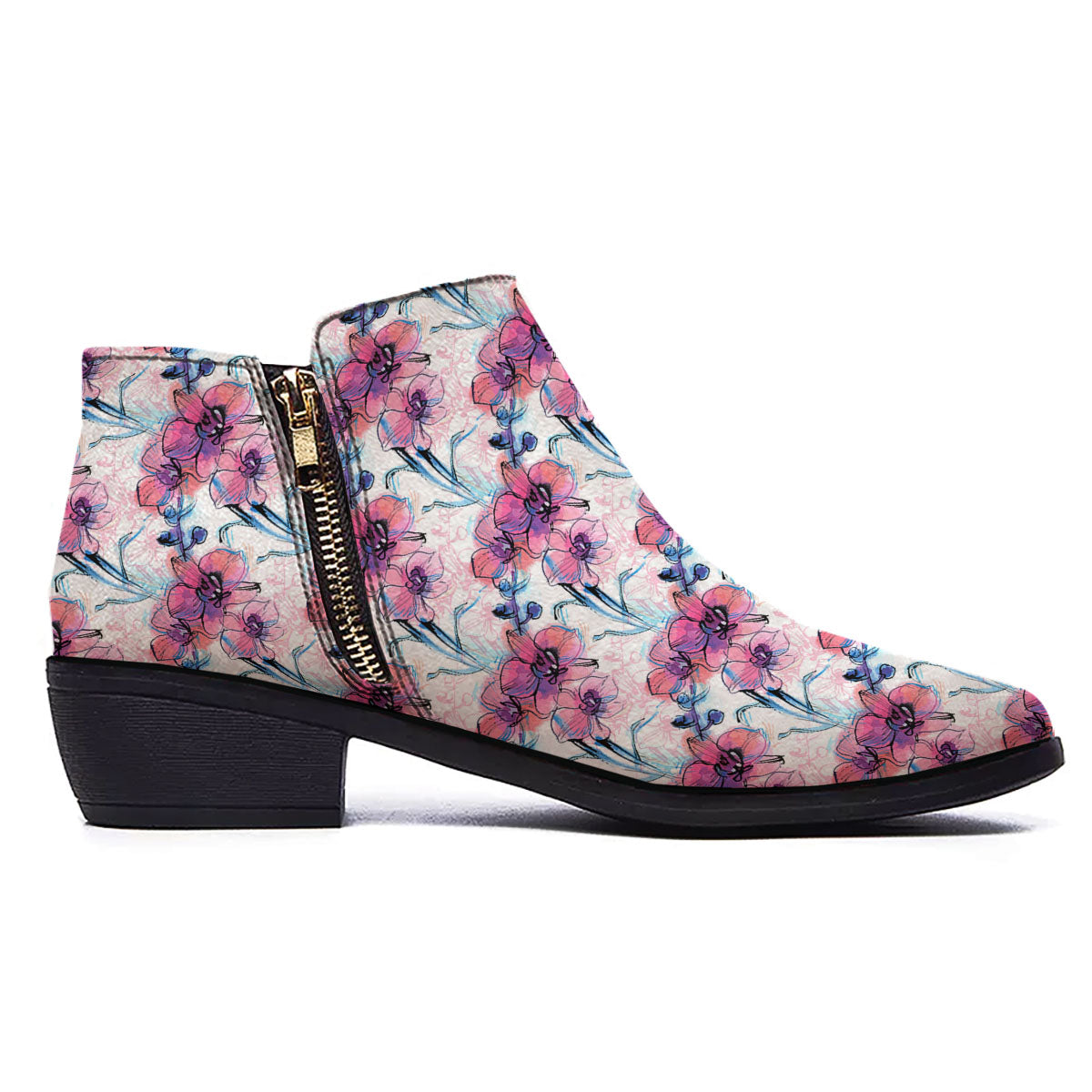 Orchid Drawing Print Pattern Ankle Boots-grizzshop