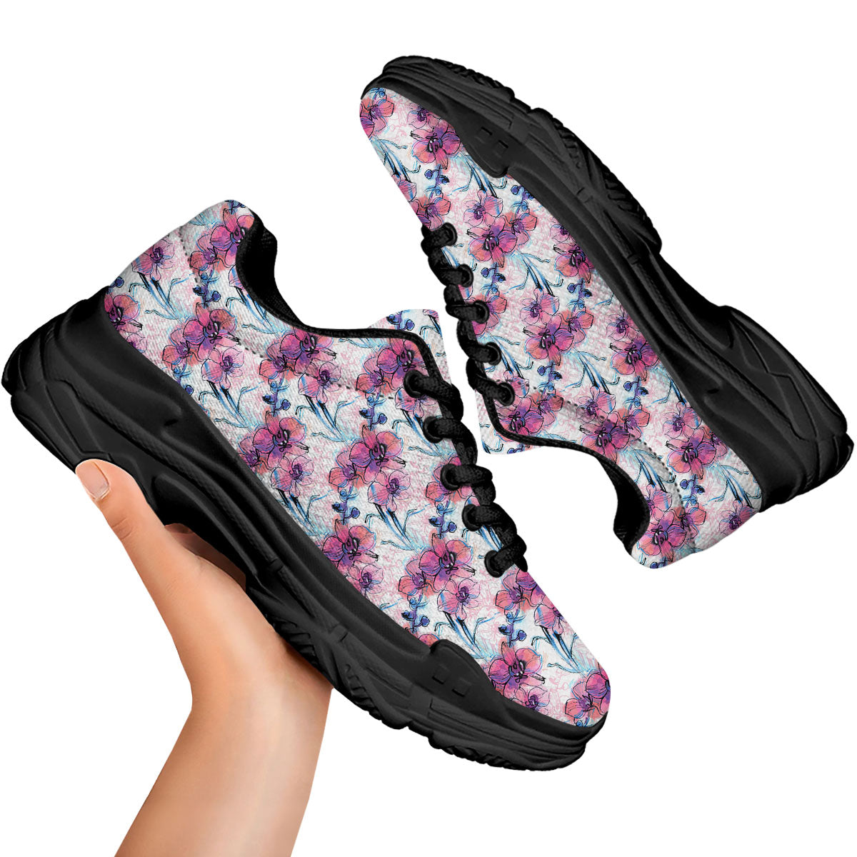 Orchid Drawing Print Pattern Black Chunky Shoes-grizzshop
