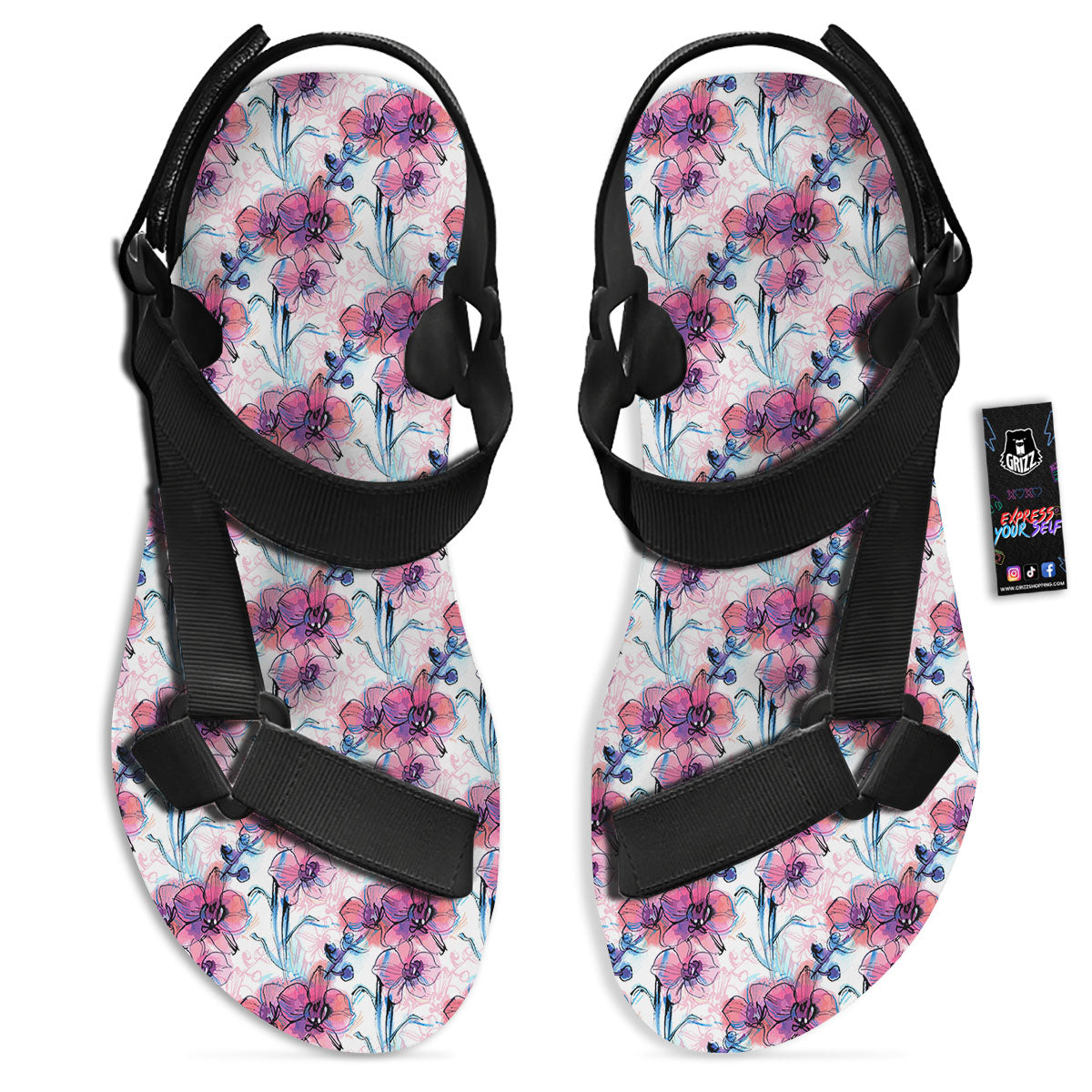 Orchid Drawing Print Pattern Black Open Toe Sandals-grizzshop