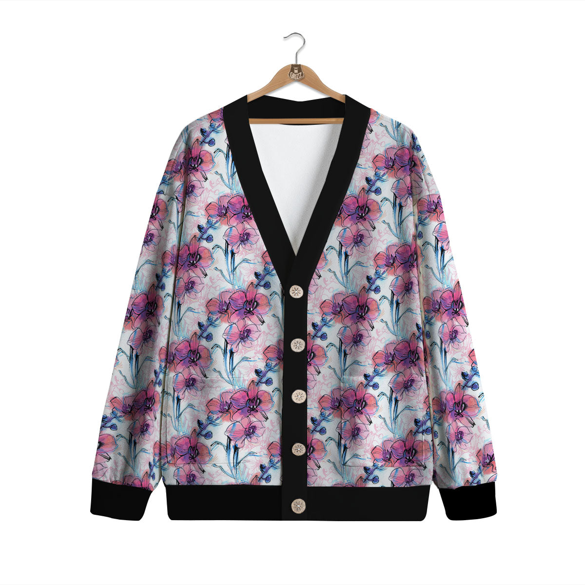 Orchid Drawing Print Pattern Cardigan-grizzshop