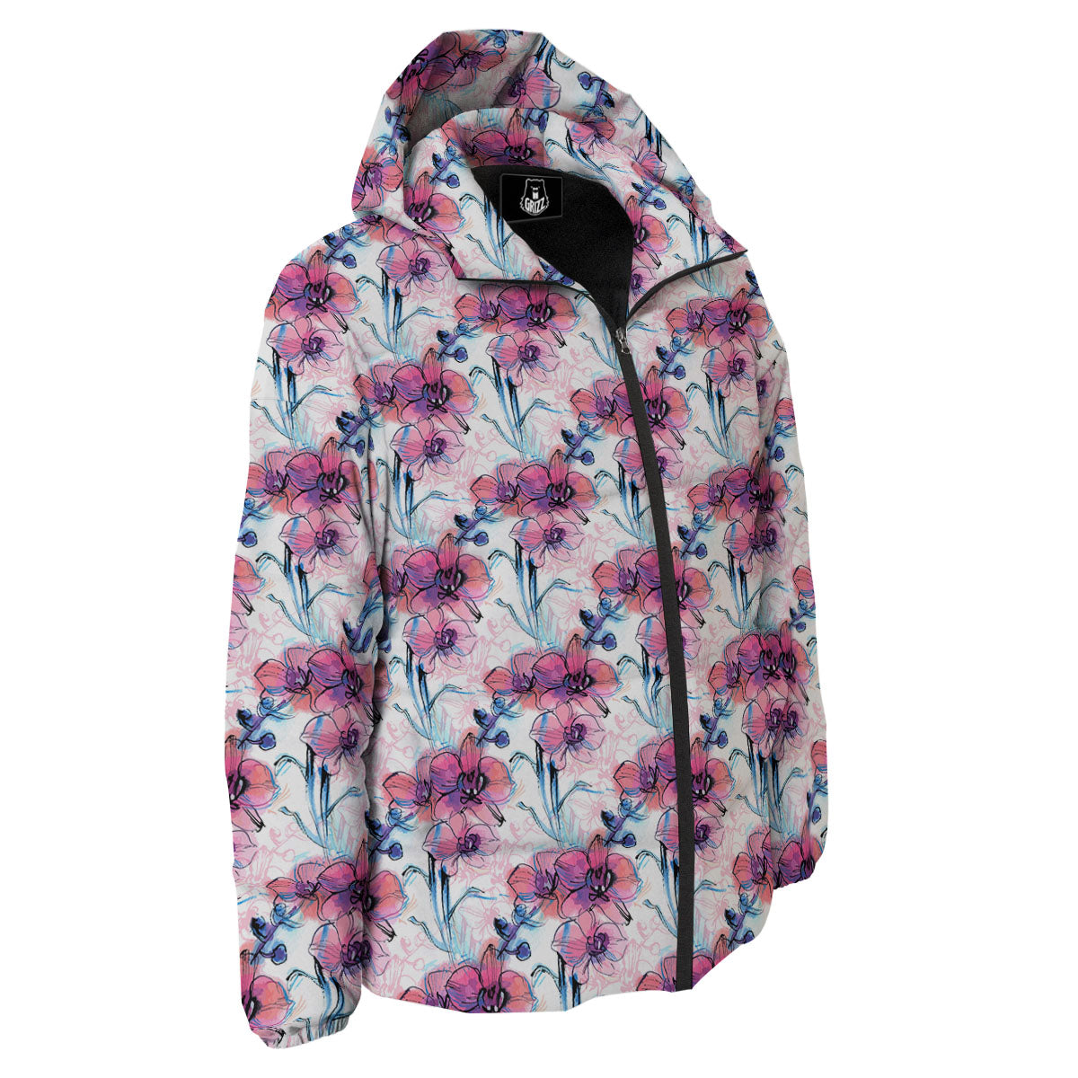 Orchid Drawing Print Pattern Down Jacket-grizzshop