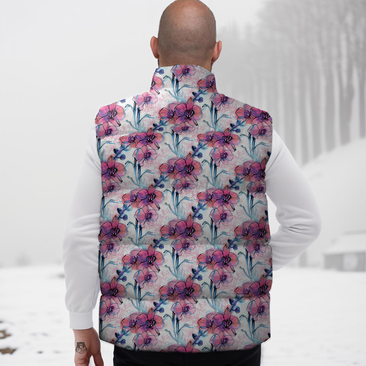 Orchid Drawing Print Pattern Down Vest