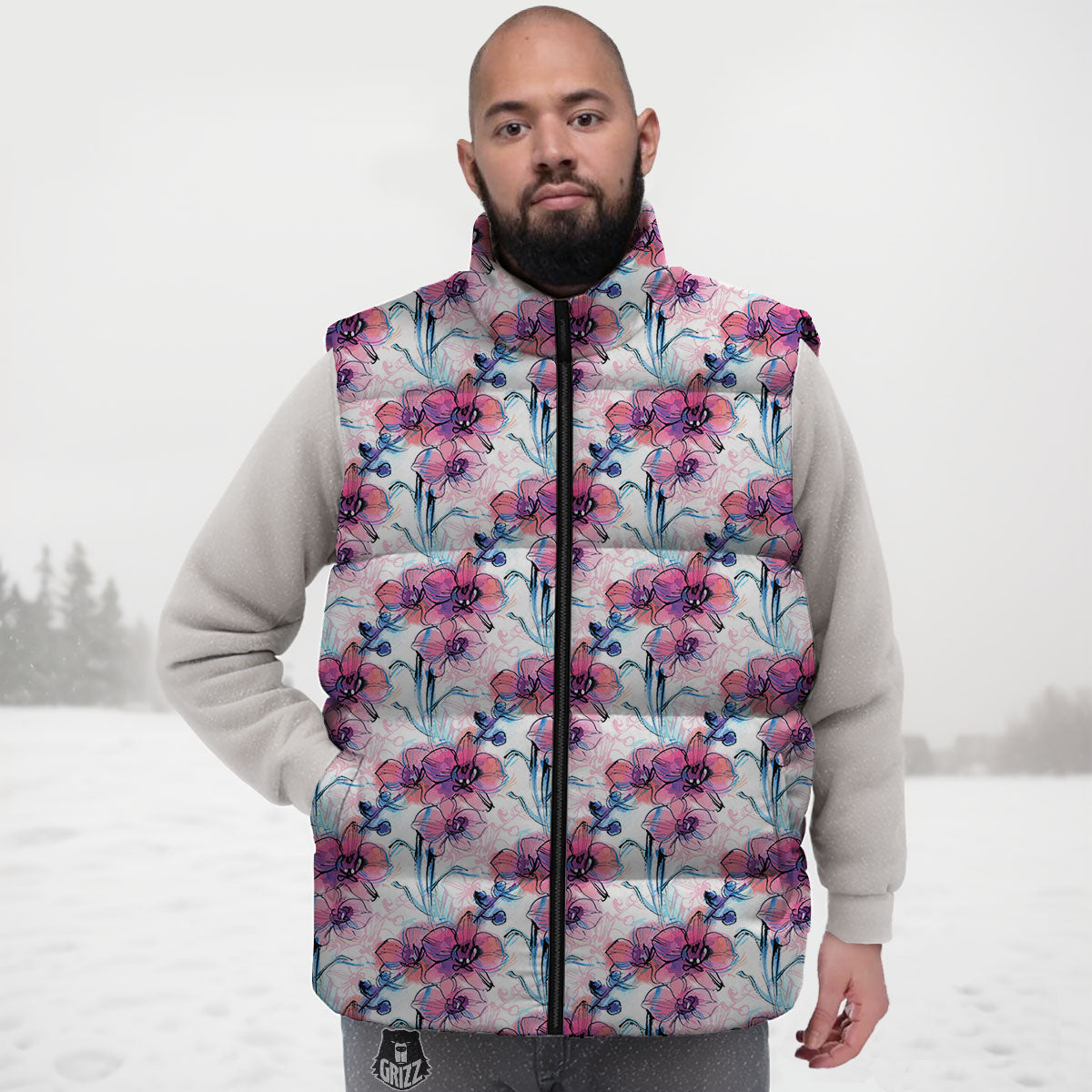 Orchid Drawing Print Pattern Down Vest-grizzshop