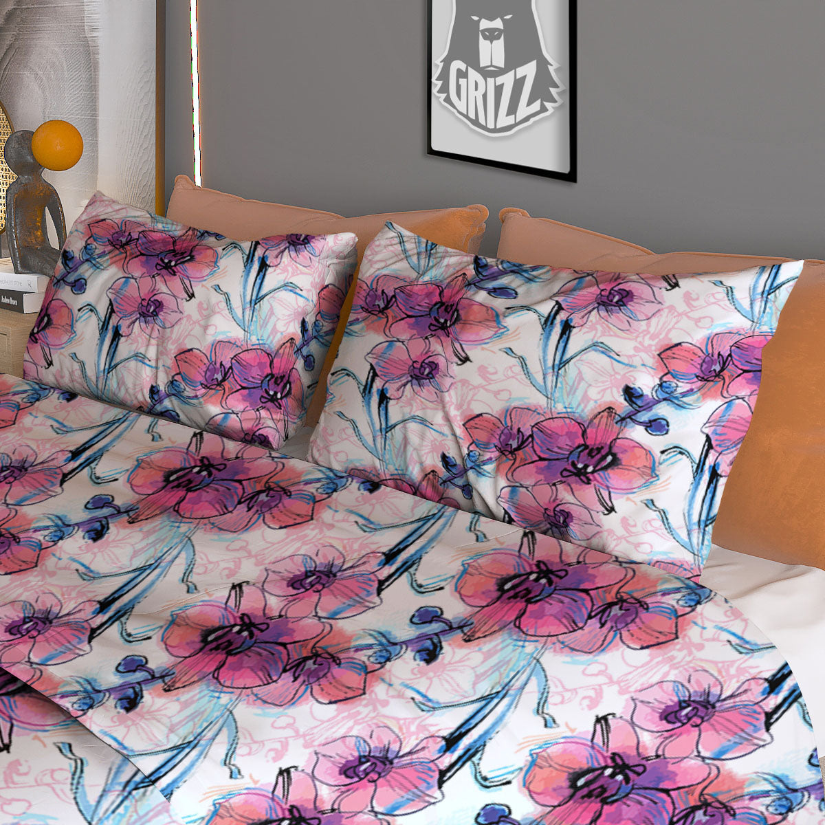 Orchid Drawing Print Pattern Duvet Cover Bedding Set