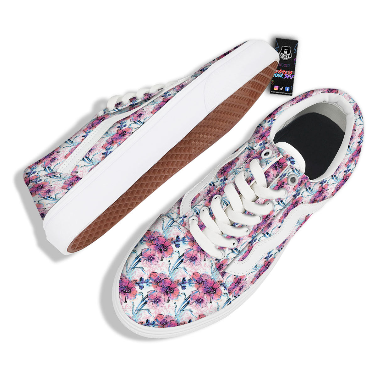 Orchid Drawing Print Pattern Skate Shoes-grizzshop
