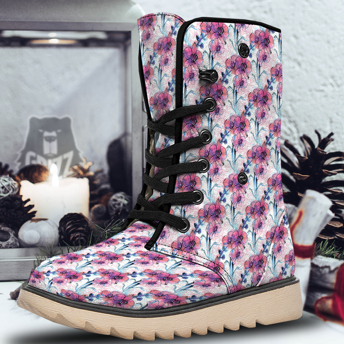 Orchid Drawing Print Pattern Snow Boots-grizzshop