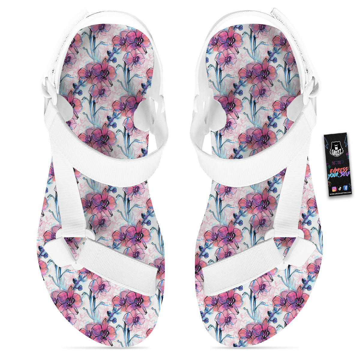 Orchid Drawing Print Pattern White Open Toe Sandals-grizzshop