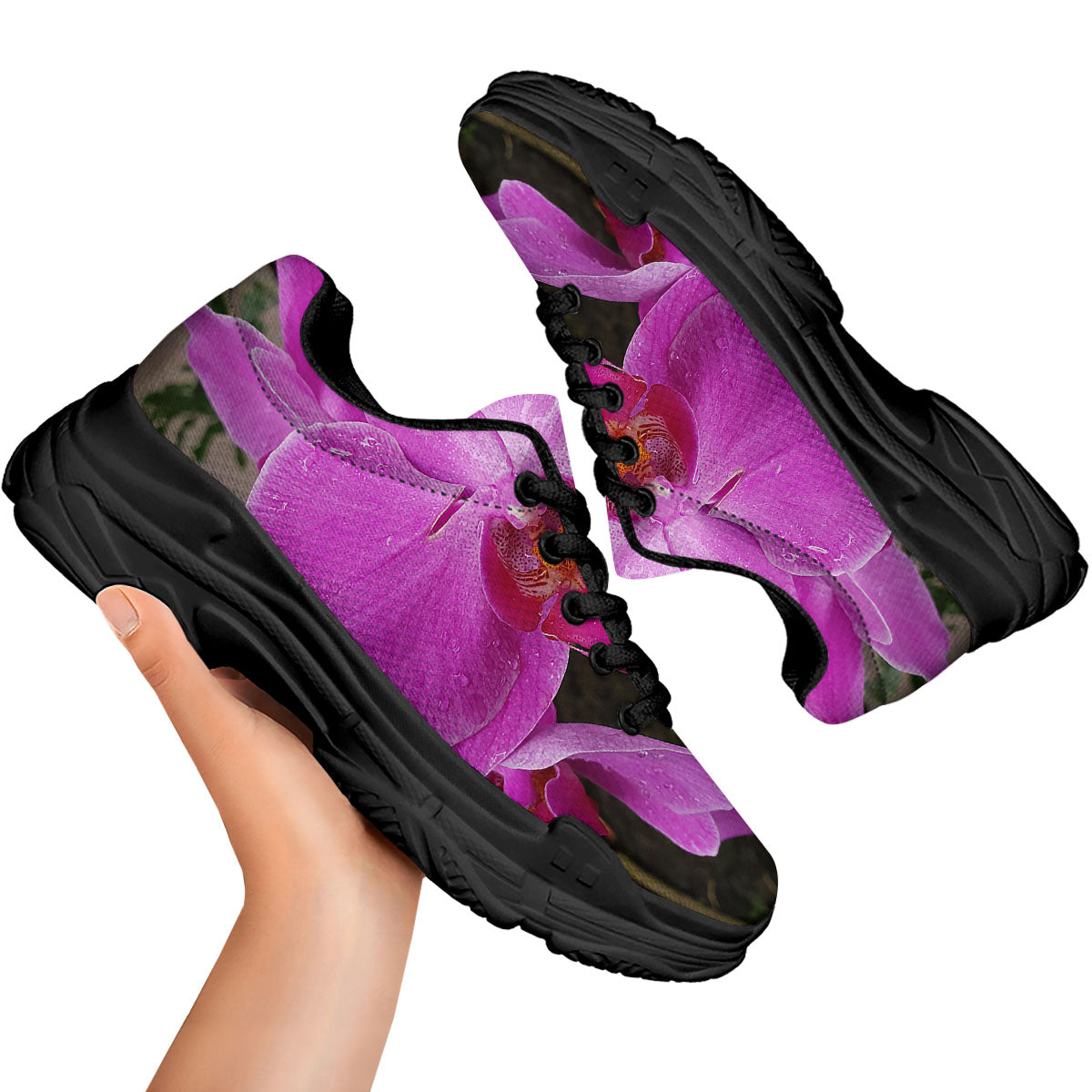 Orchid Flower Magenta Print Black Chunky Shoes-grizzshop