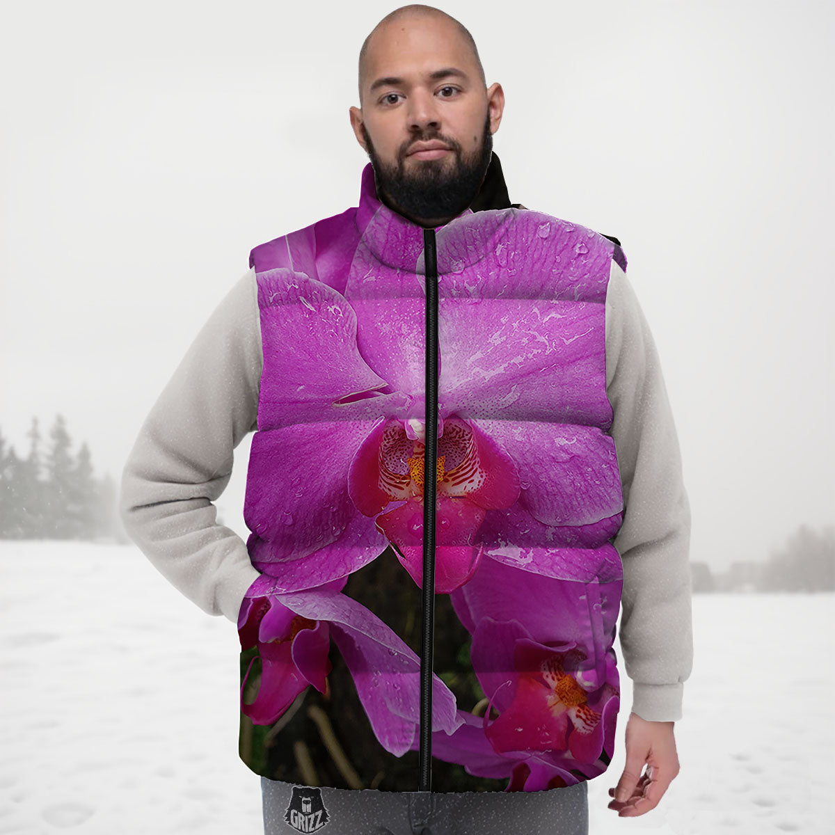 Orchid Flower Magenta Print Down Vest-grizzshop