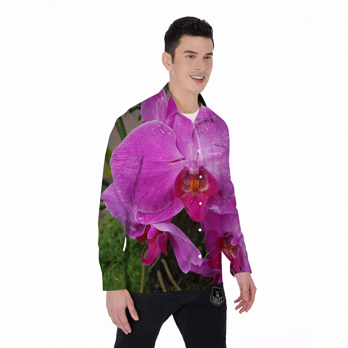 Orchid Flower Magenta Print Men's Long Sleeve Shirts-grizzshop