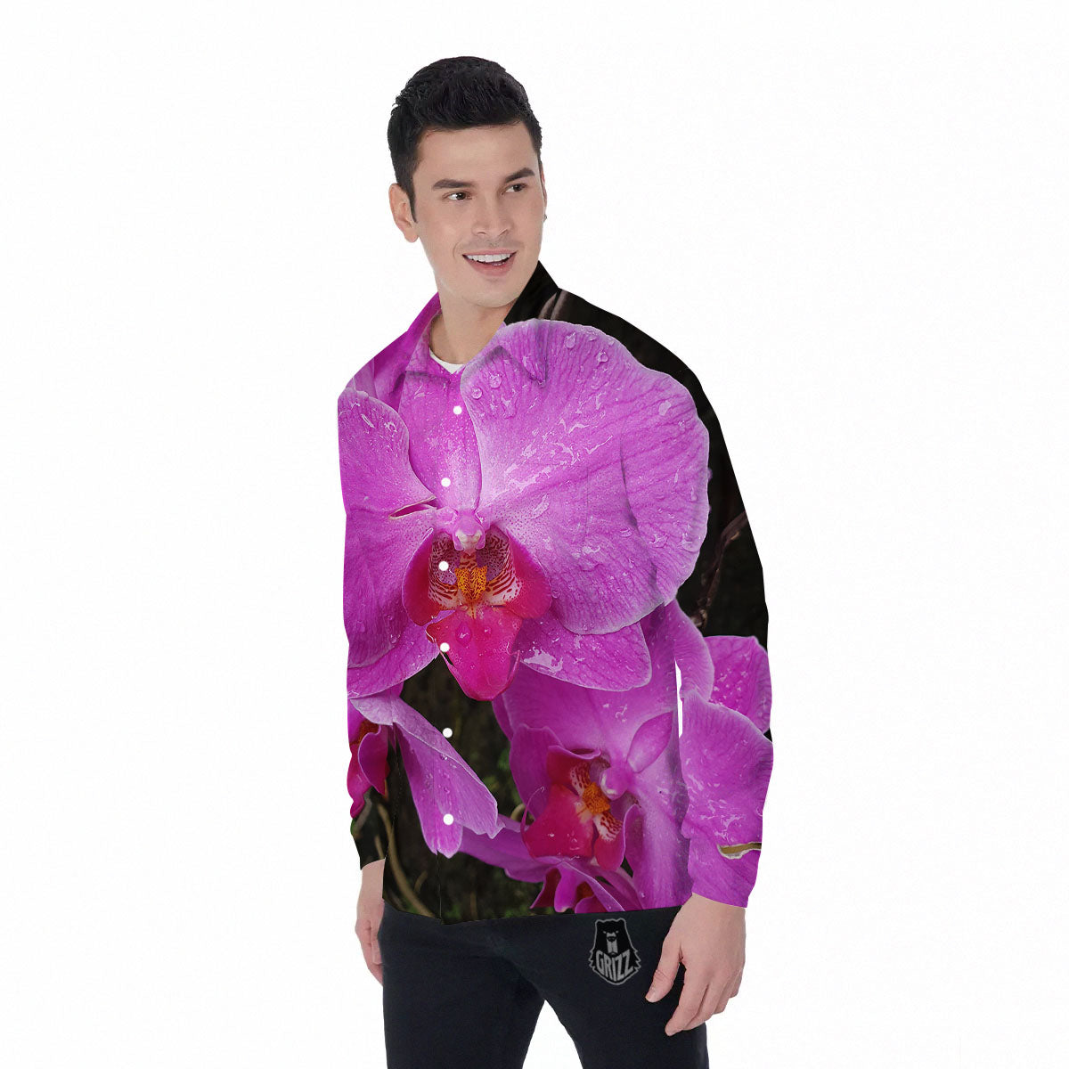 Orchid Flower Magenta Print Men's Long Sleeve Shirts-grizzshop