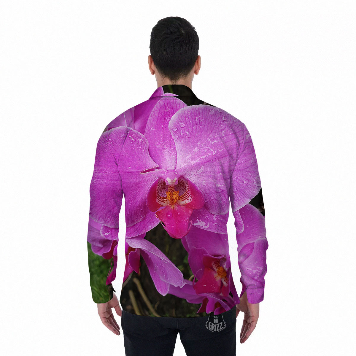 Orchid Flower Magenta Print Men's Long Sleeve Shirts-grizzshop