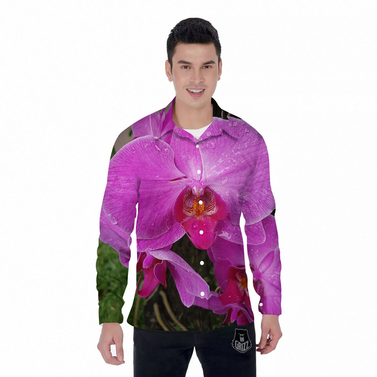 Orchid Flower Magenta Print Men's Long Sleeve Shirts-grizzshop