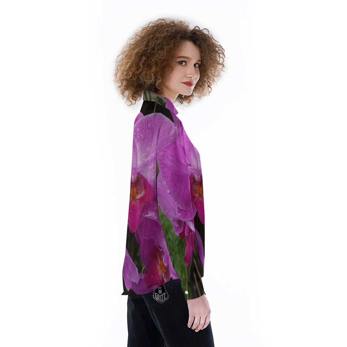 Orchid Flower Magenta Print Women's Long Sleeve Shirts-grizzshop