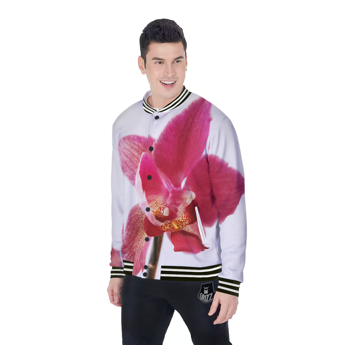Orchid Flower Pink Print Baseball Jacket-grizzshop