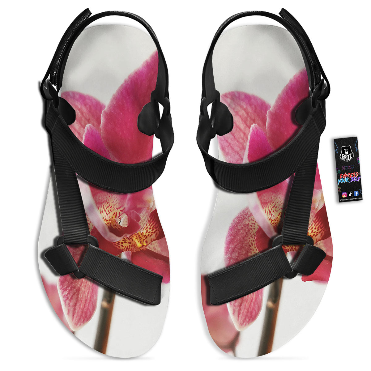 Orchid Flower Pink Print Black Open Toe Sandals-grizzshop