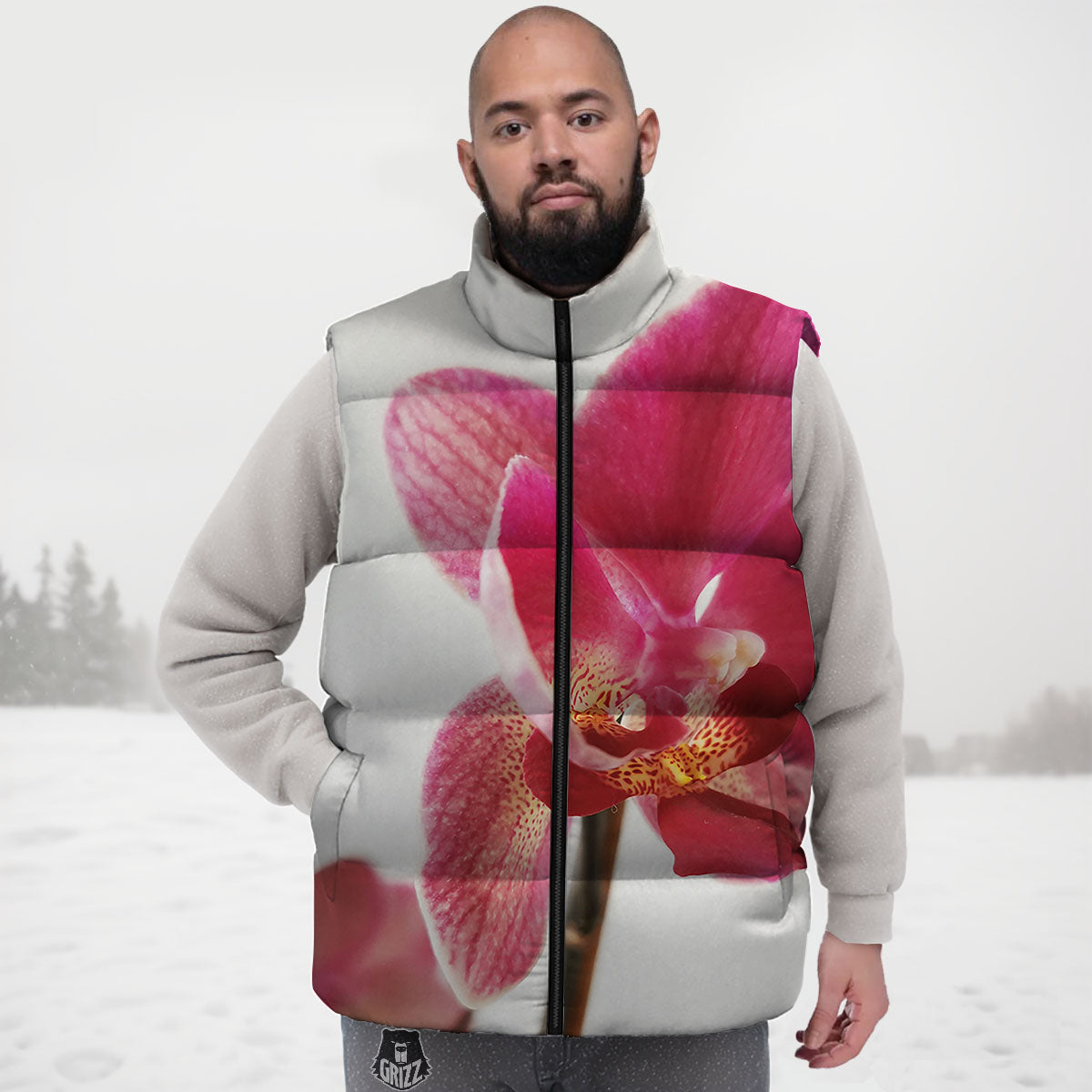 Orchid Flower Pink Print Down Vest-grizzshop