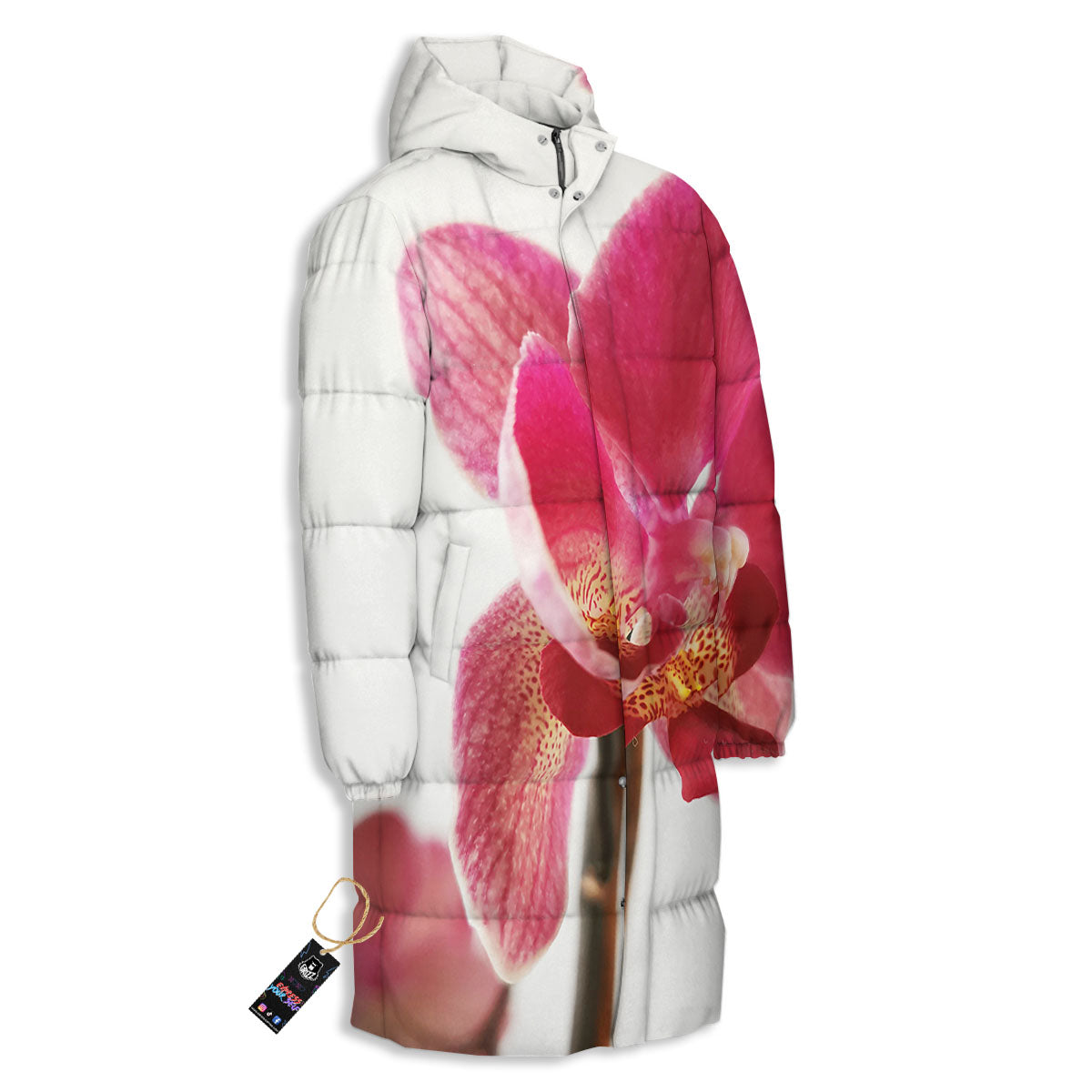 Orchid Flower Pink Print Long Down Jacket-grizzshop