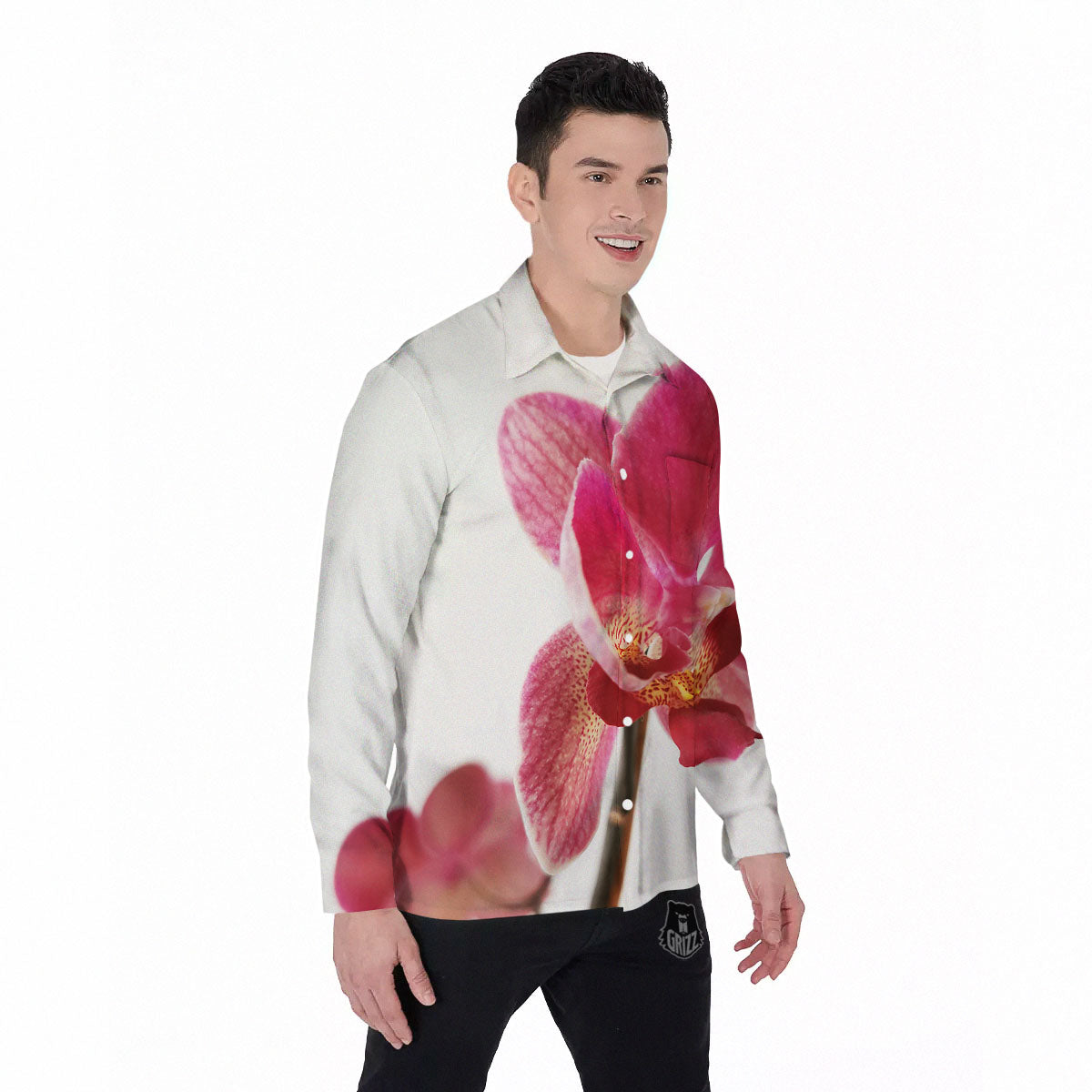 Orchid Flower Pink Print Men's Long Sleeve Shirts-grizzshop