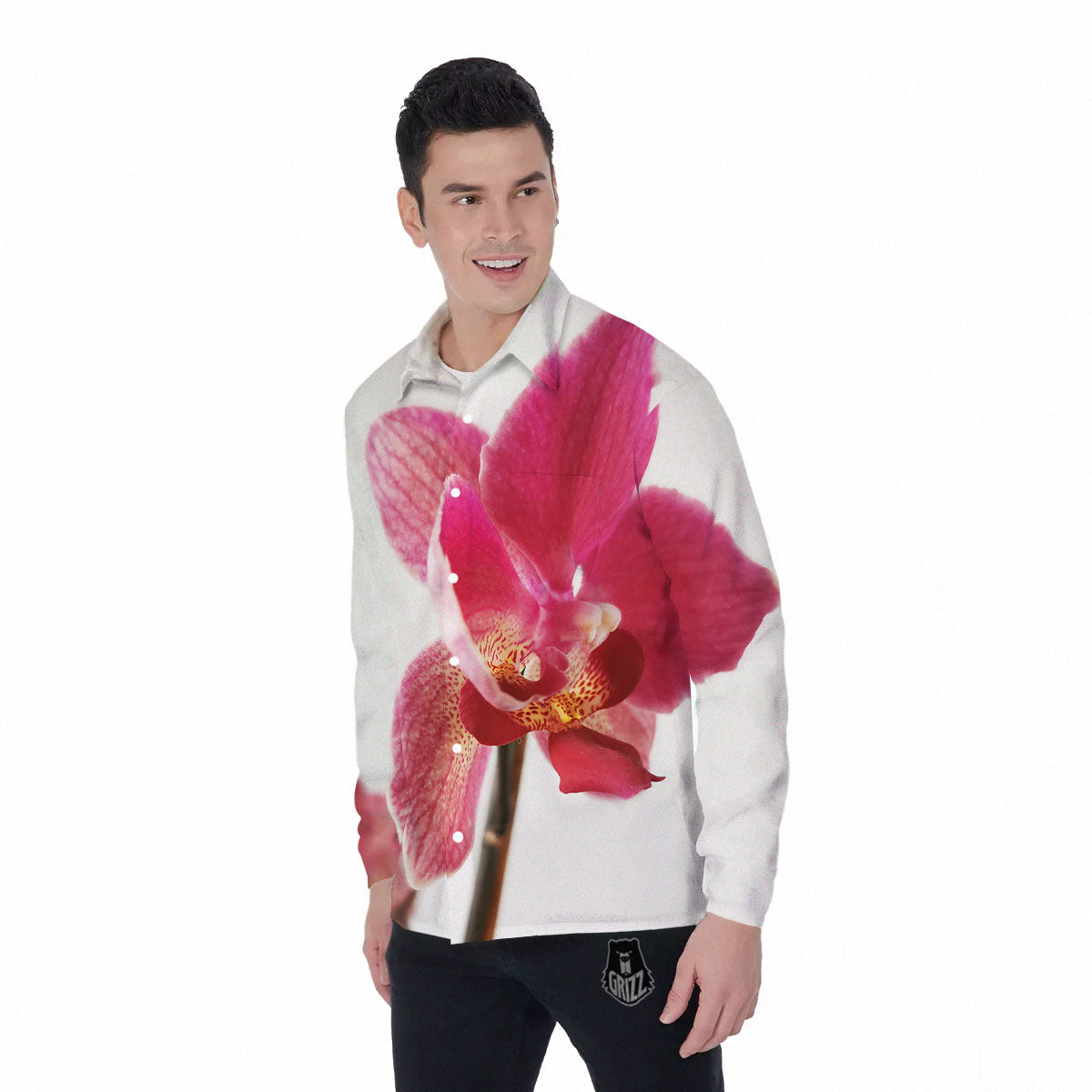Orchid Flower Pink Print Men's Long Sleeve Shirts-grizzshop