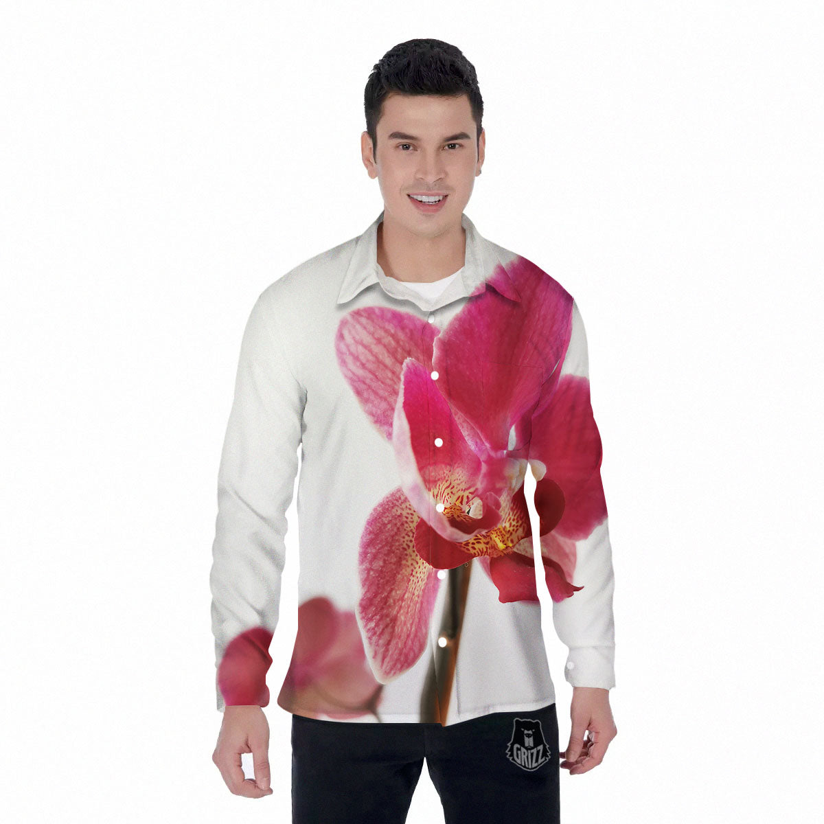 Orchid Flower Pink Print Men's Long Sleeve Shirts-grizzshop