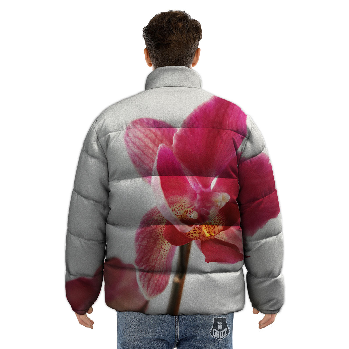 Orchid Flower Pink Print Puffer Jacket-grizzshop