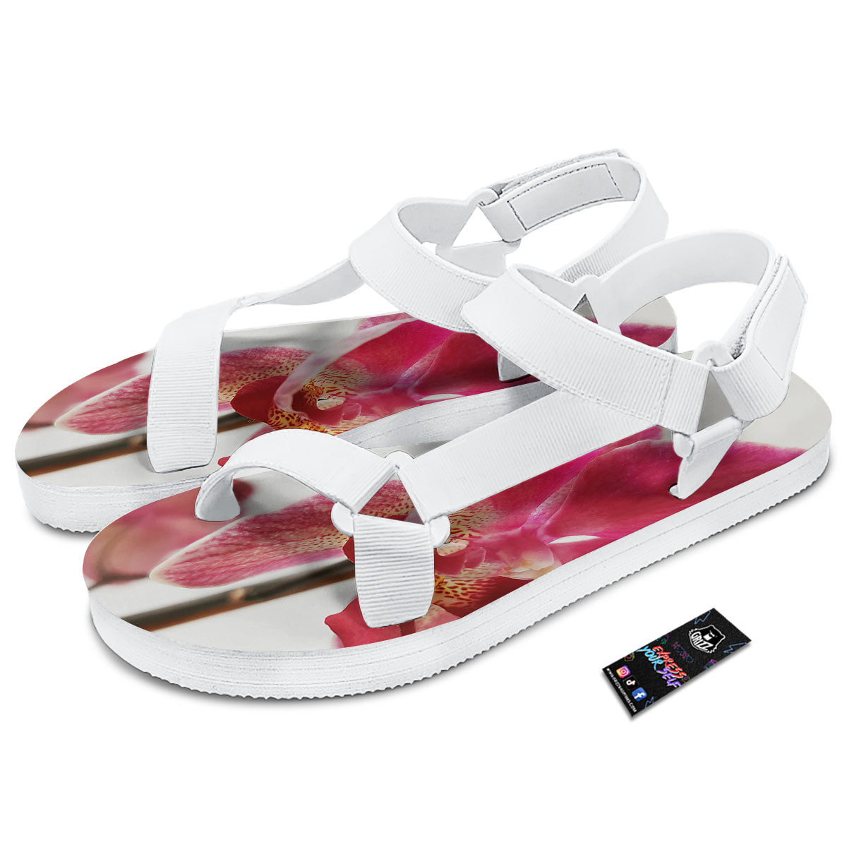 Orchid Flower Pink Print White Open Toe Sandals-grizzshop