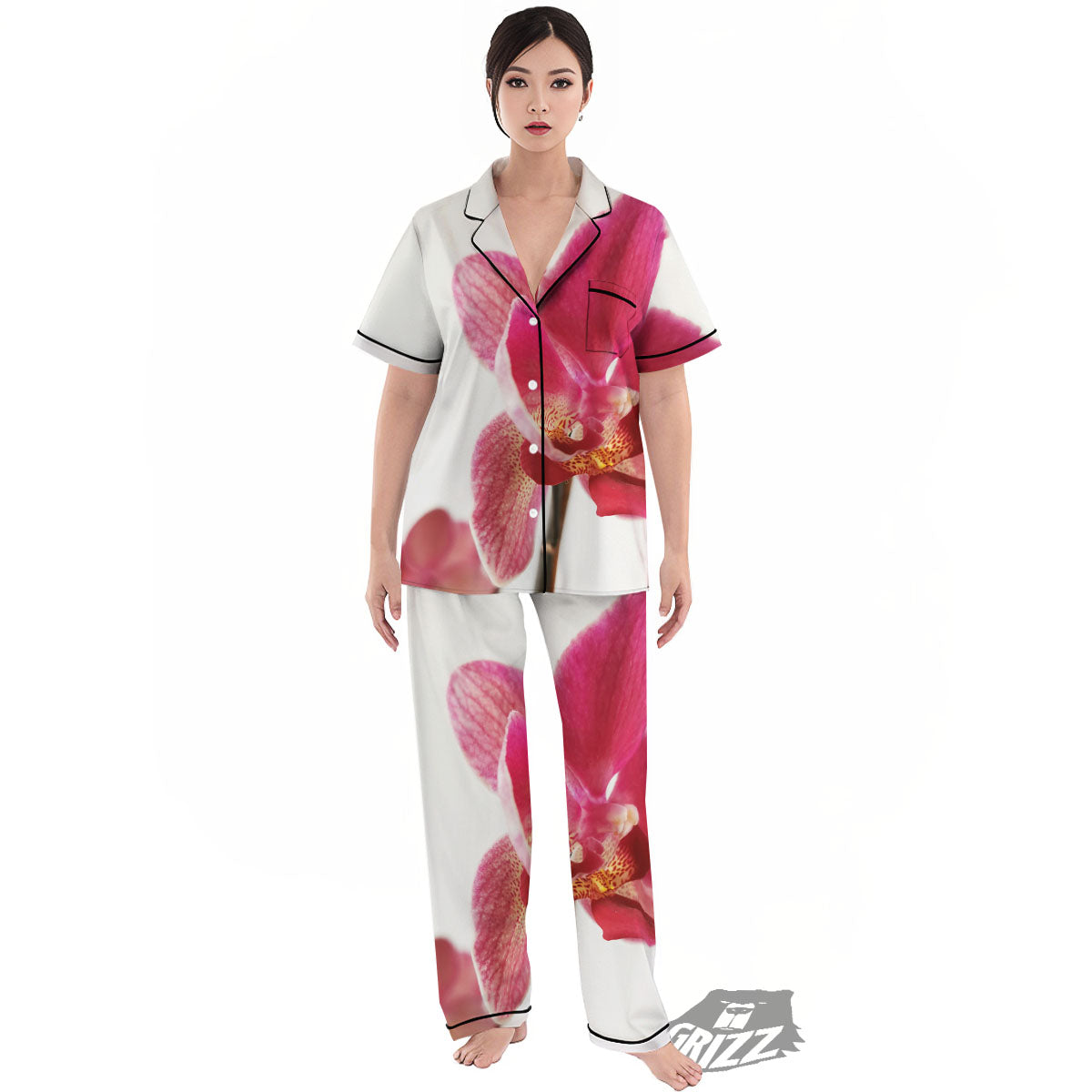 Orchid Flower Pink Print Women's Pajamas Set-grizzshop