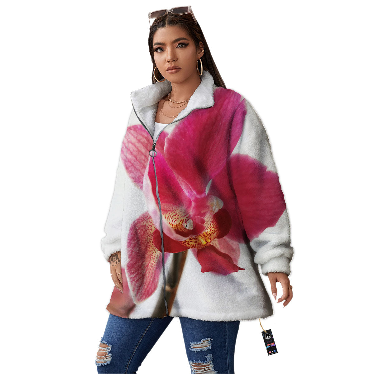 Orchid Flower Pink Print Women's Sherpa Jacket-grizzshop