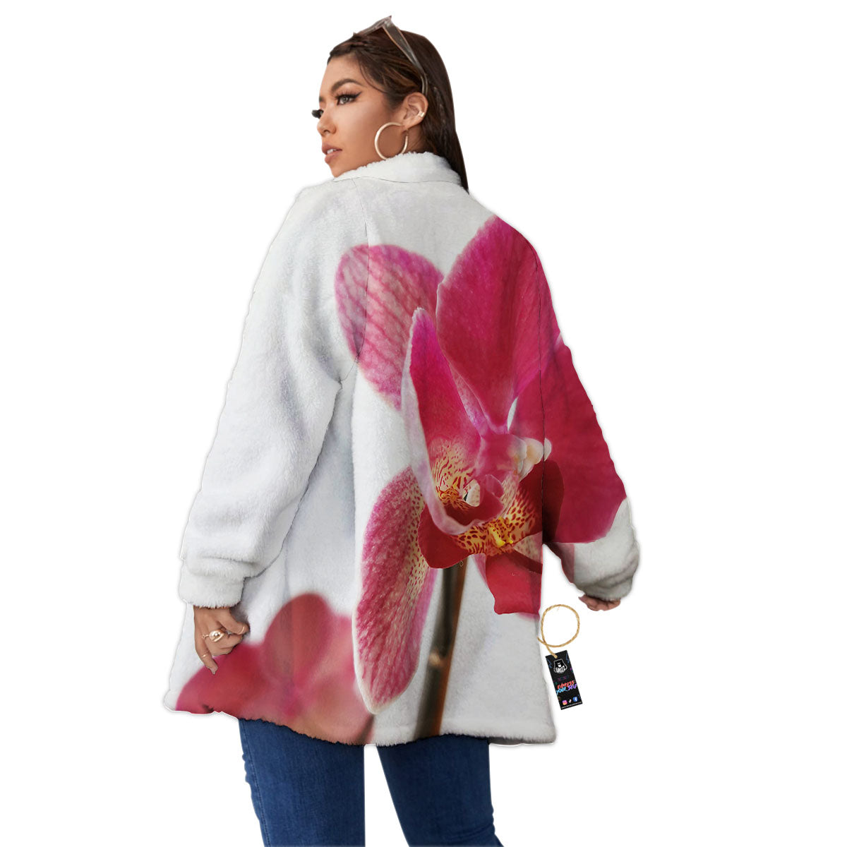 Orchid Flower Pink Print Women's Sherpa Jacket-grizzshop