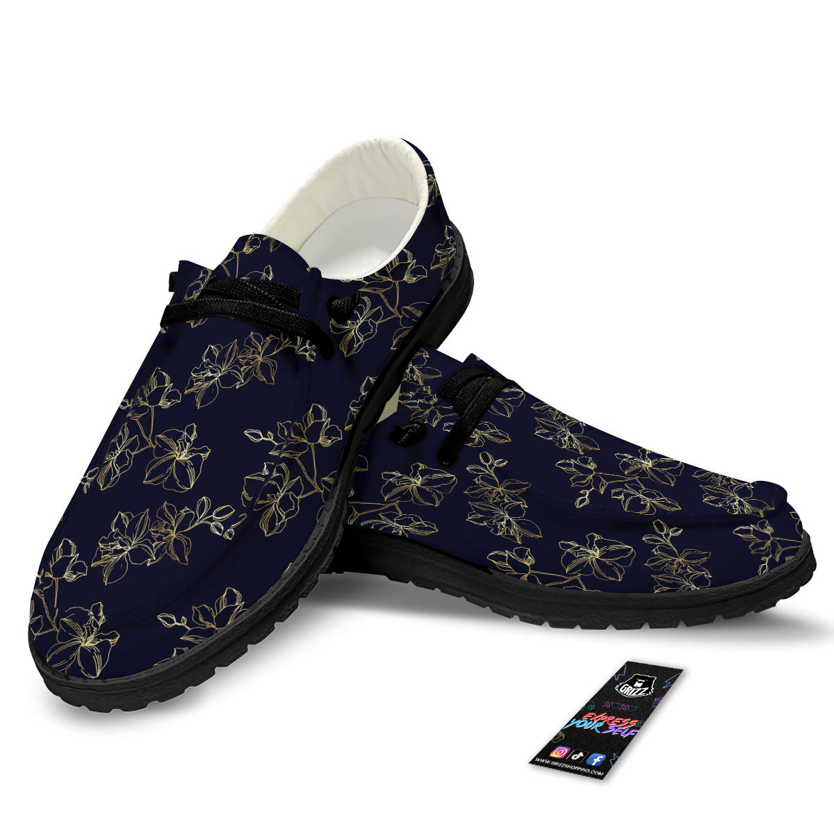 Orchid Golden Print Pattern Black Loafers-grizzshop