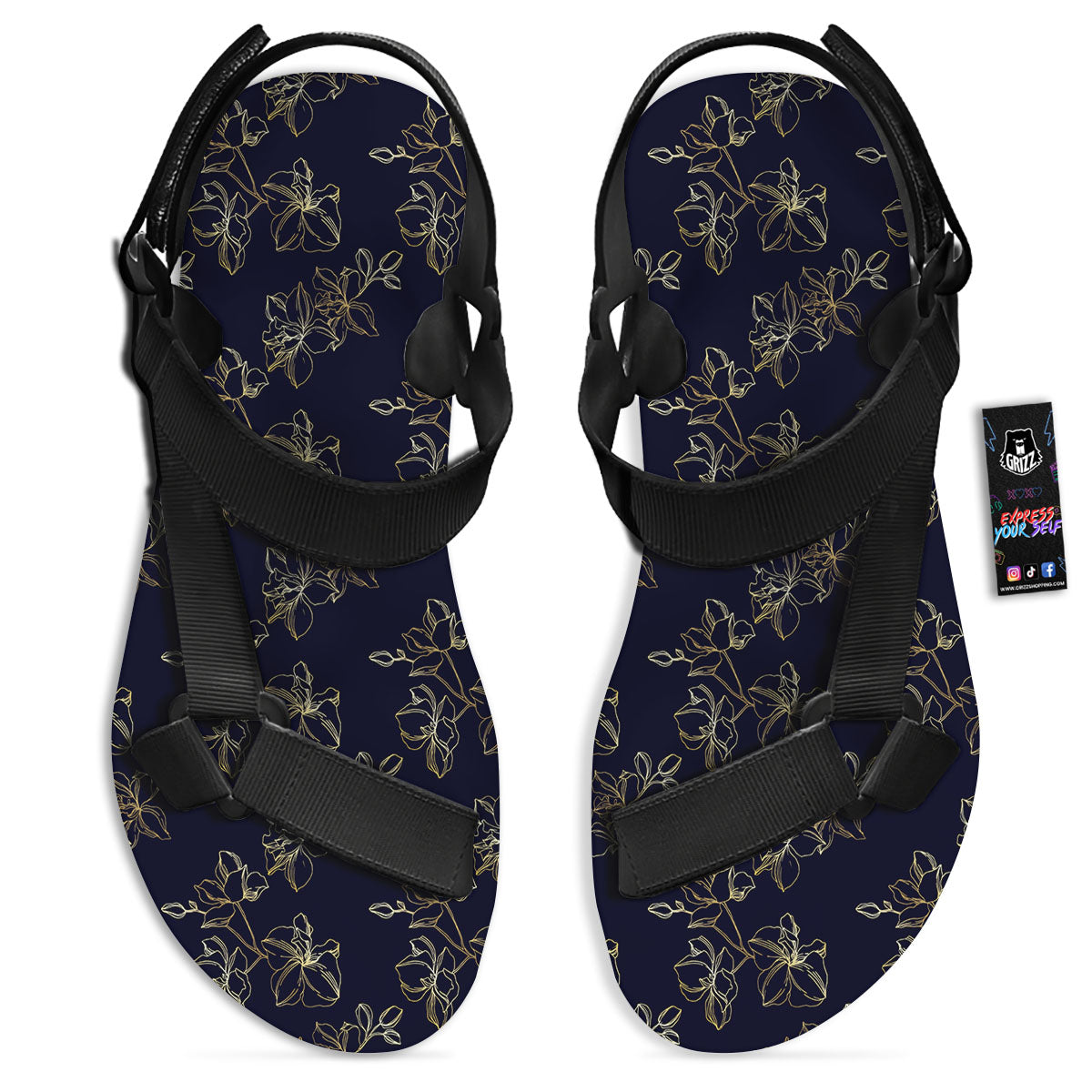 Orchid Golden Print Pattern Black Open Toe Sandals-grizzshop