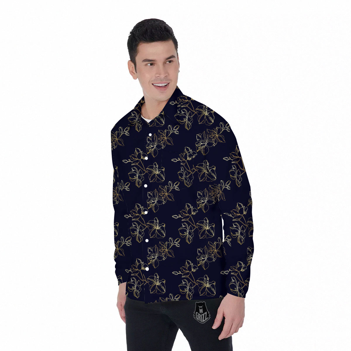 Orchid Golden Print Pattern Men's Long Sleeve Shirts-grizzshop
