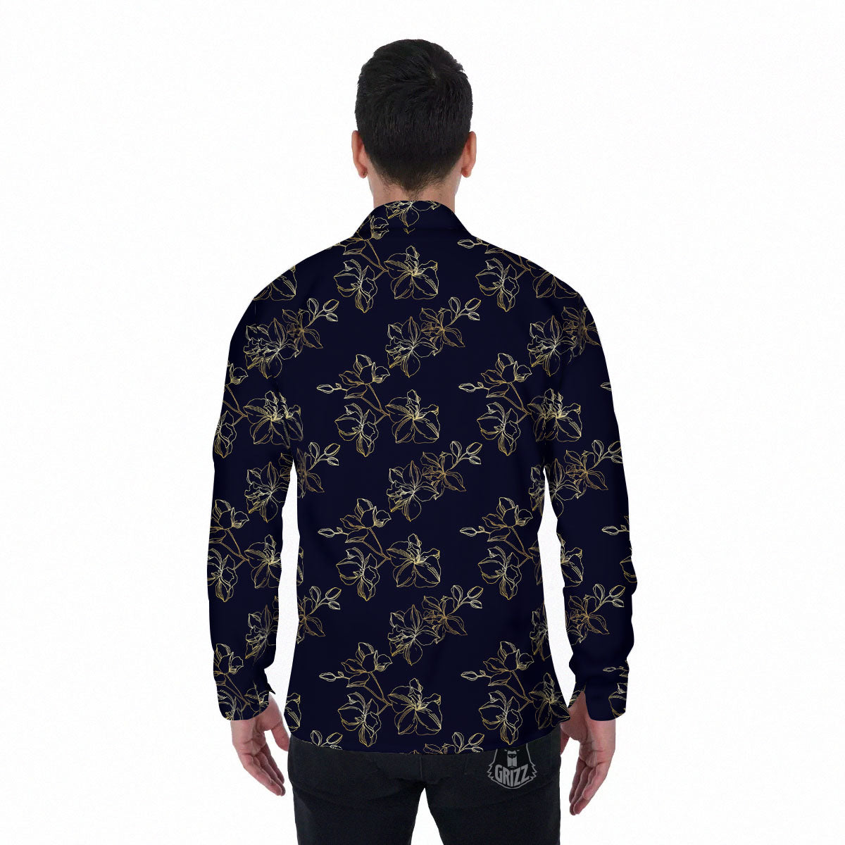 Orchid Golden Print Pattern Men's Long Sleeve Shirts-grizzshop