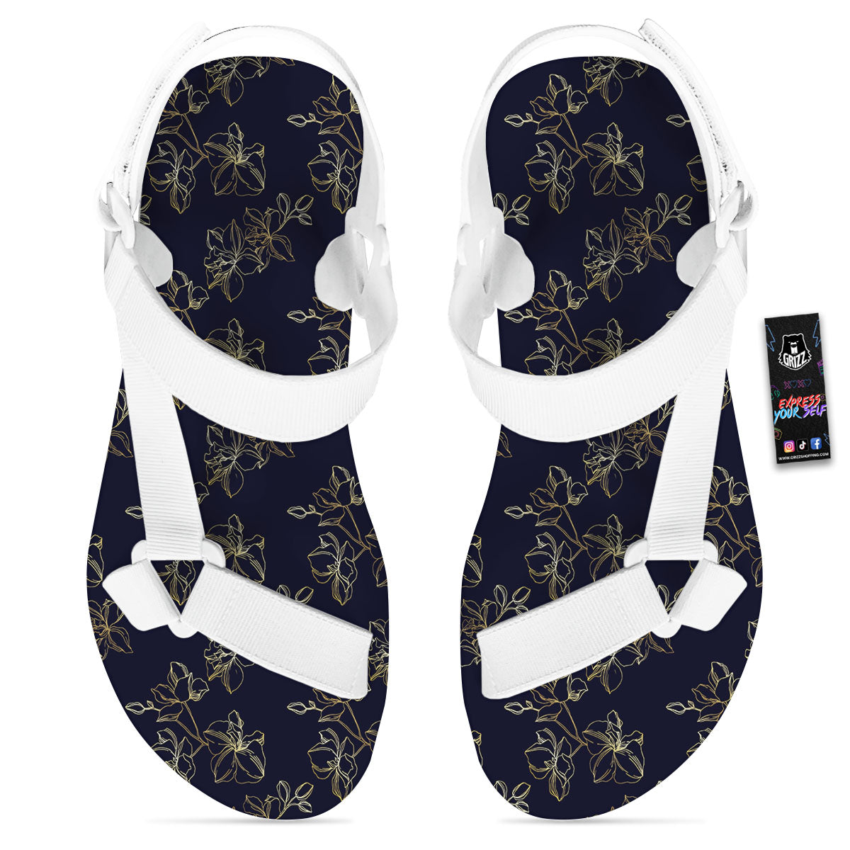 Orchid Golden Print Pattern White Open Toe Sandals-grizzshop