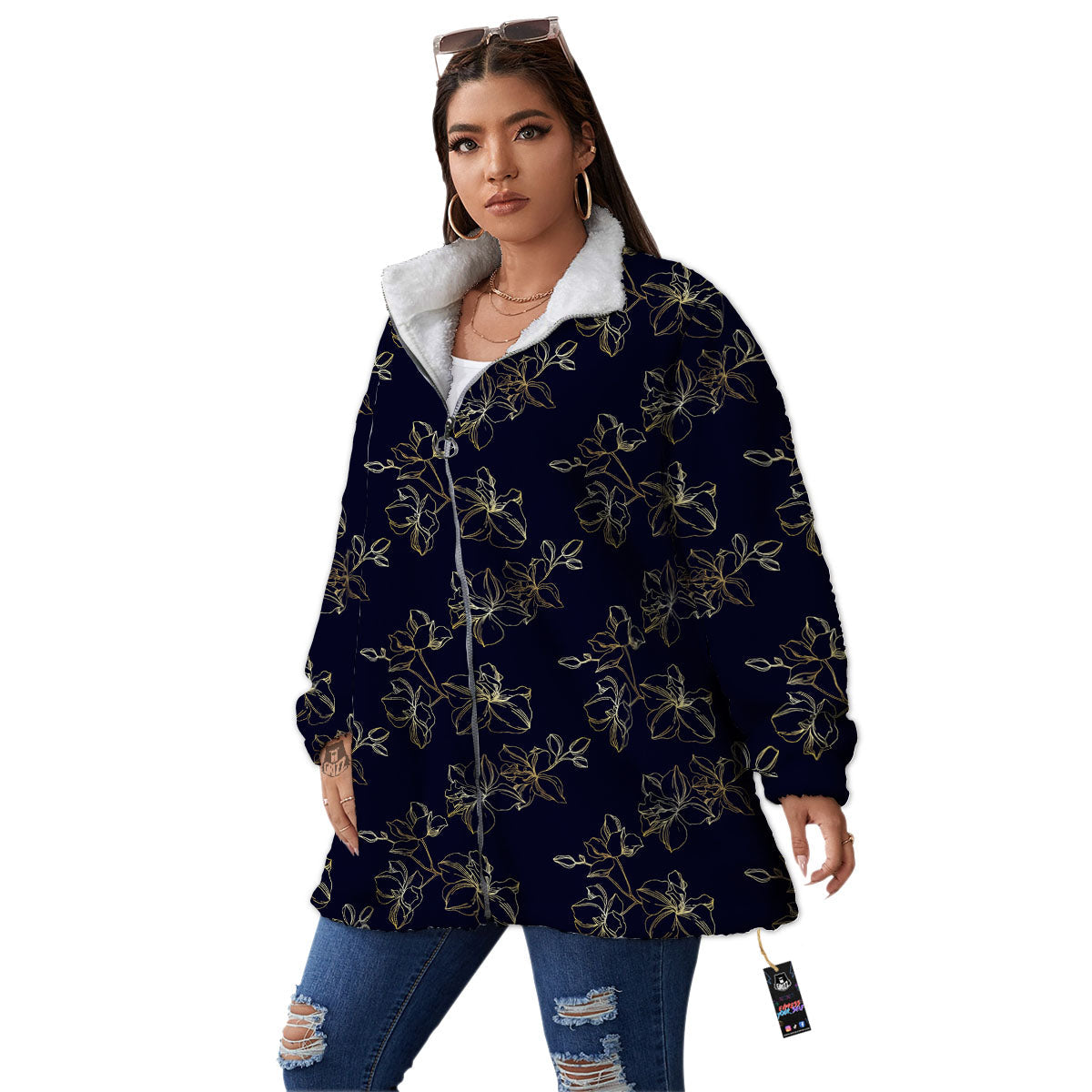 Orchid Golden Print Pattern Women's Sherpa Jacket-grizzshop