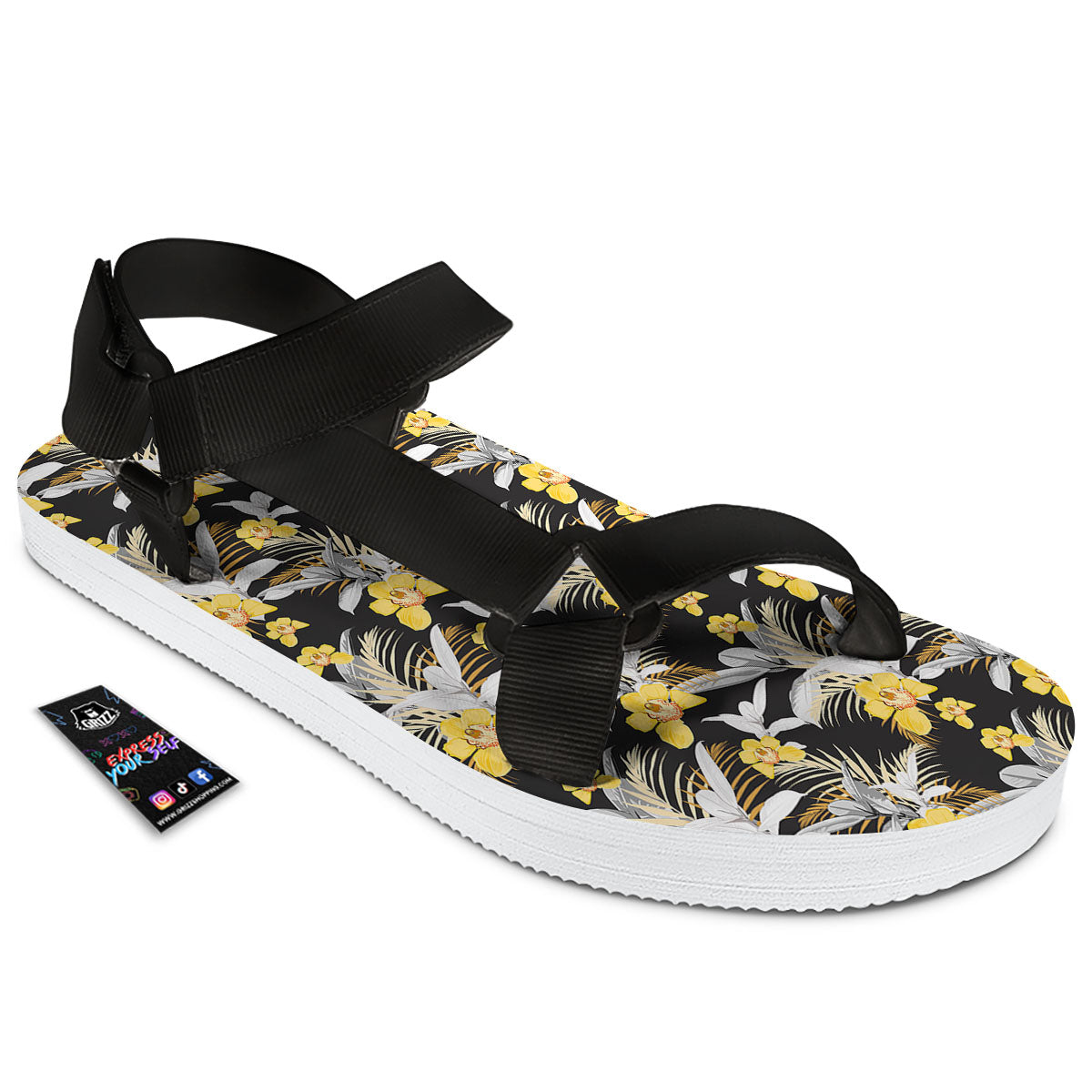 Orchid Yellow Print Pattern Black Open Toe Sandals-grizzshop