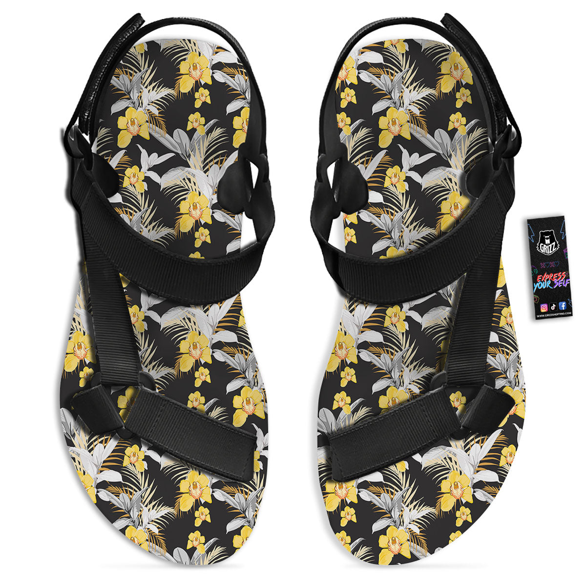 Orchid Yellow Print Pattern Black Open Toe Sandals-grizzshop