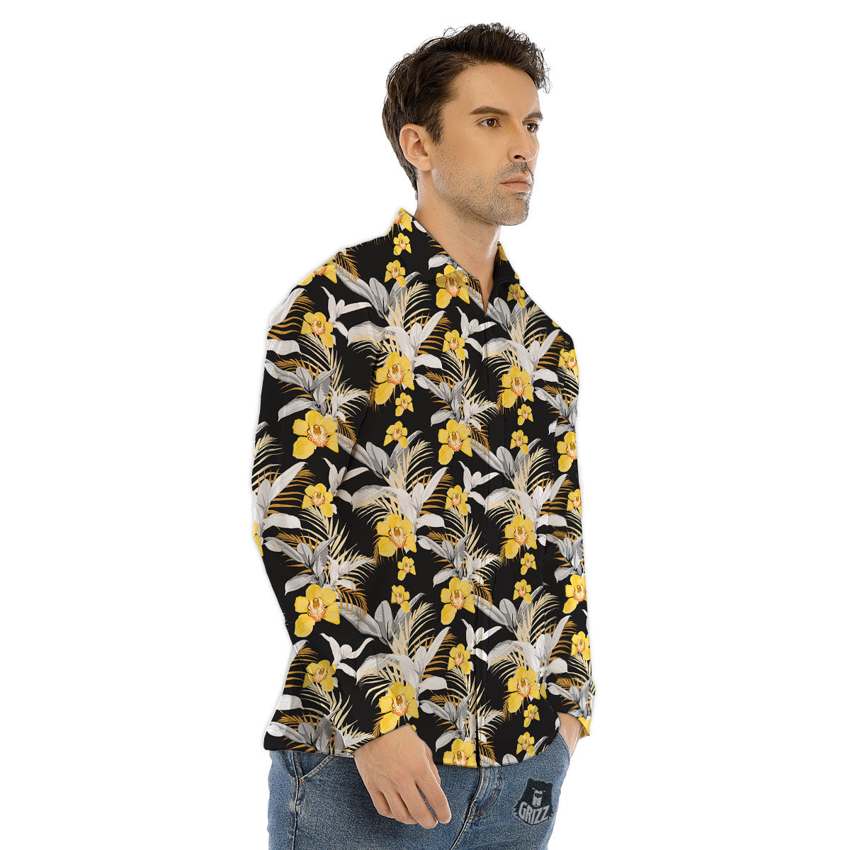 Orchid Yellow Print Pattern Men's Dress Shirts-grizzshop